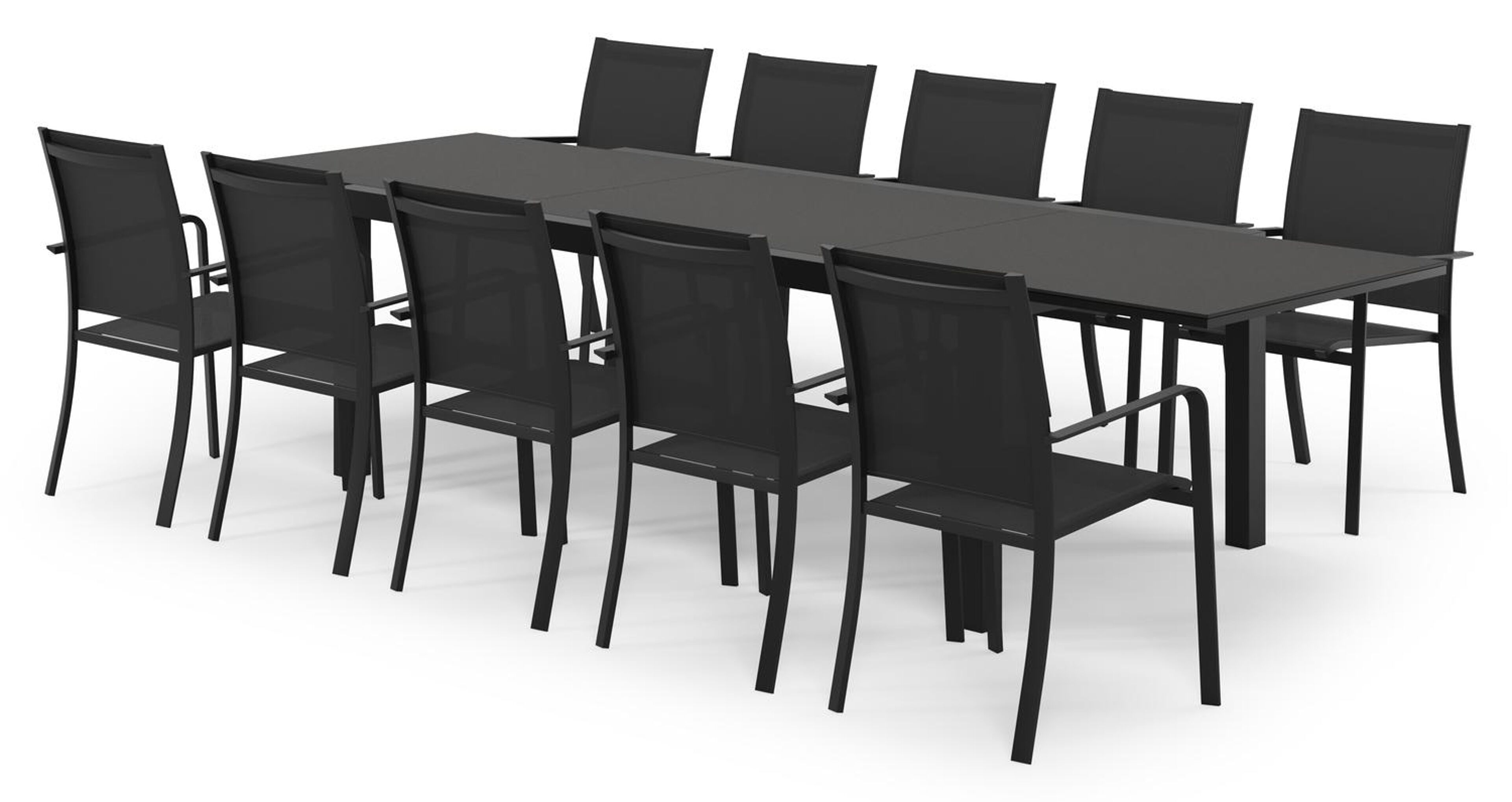 Calobra rechthoekige uitschuifbare tuinset in zwart aluminium en sintered stone notte minerale met 10 Calobra tuinstoelen