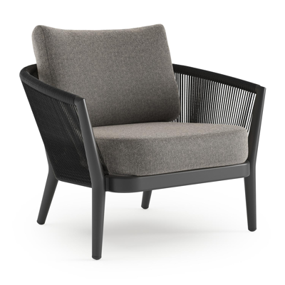 Fauteuil de jardin Orso en aluminium noir en corde ronde tissée verticalement noir et coussins en all weather sunbrella® luxe Chartres Drizzle