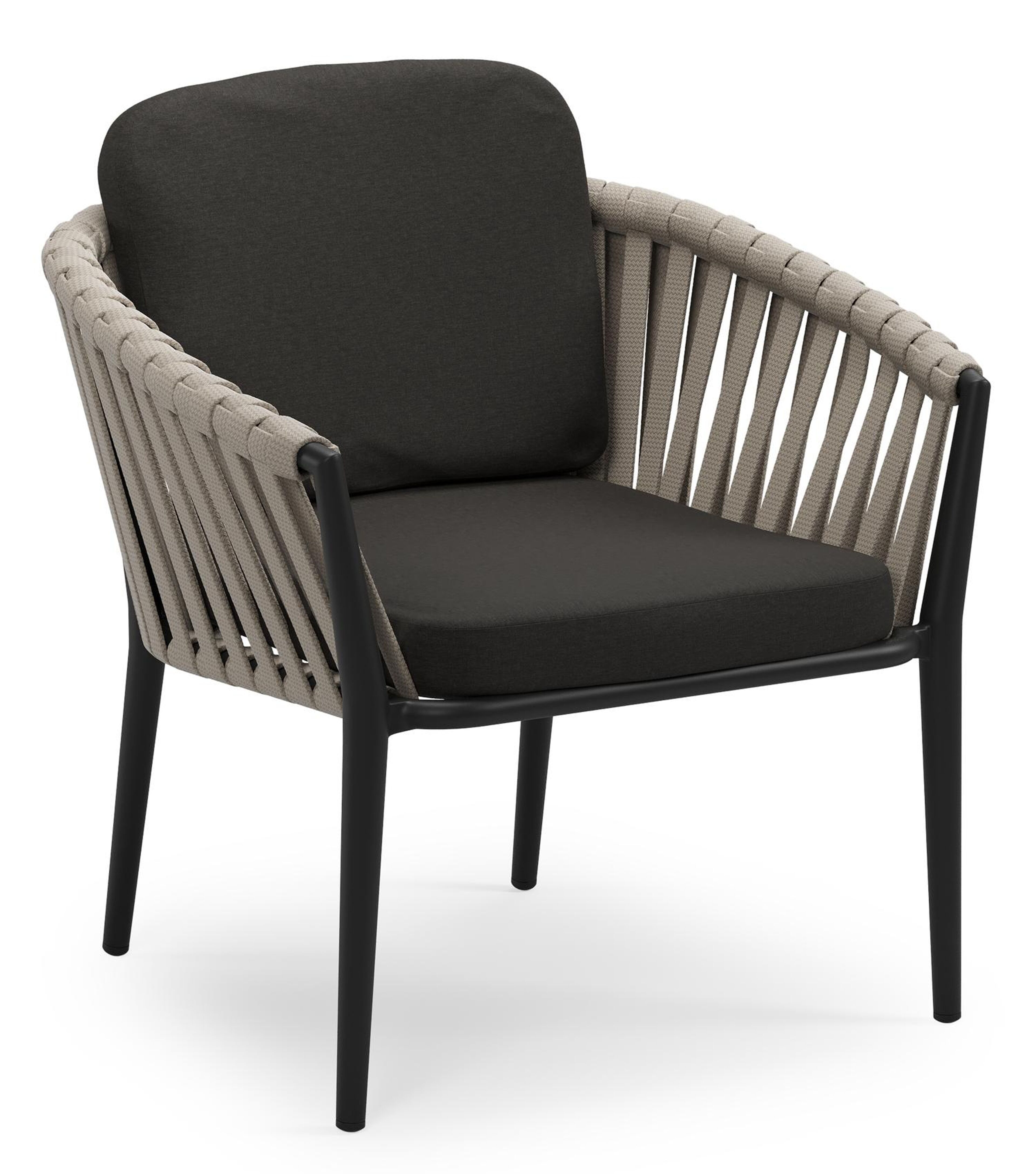 Orso low dining tuinstoel in zwart aluminium en beige verticaal geweven luxe vlakke brede rope met stoelkussen in All Weather Sunbrella® Luxe Heritage Char