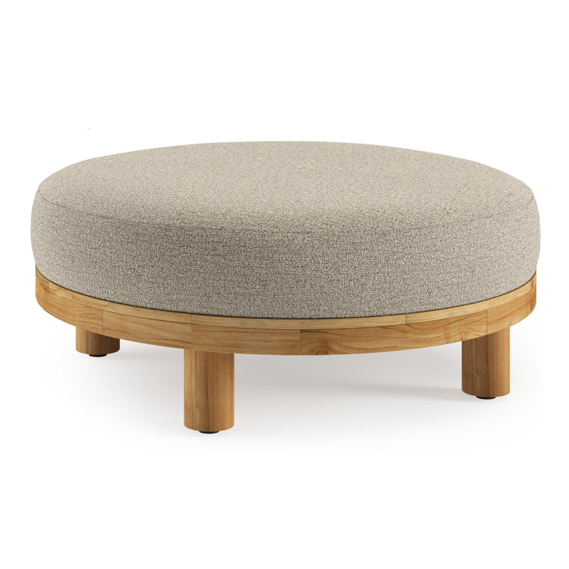 Donato lounge poef in teak en beige verticaal geweven ronde rope met all weather cosytica Catania Beige kussen