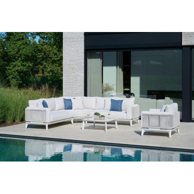 Mosa loungestoel 1-zit in wit aluminium en wit gedraaide ronde wicker met sand kussen