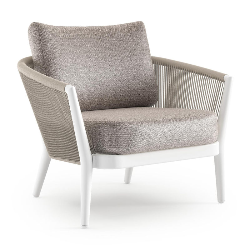Fauteuil de jardin Orso en aluminium blanc en corde ronde tissée verticalement beige et coussins en all weather sunbrella® luxe Wander Granite