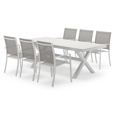 Reza rechthoekige tuinset in wit aluminium en sintered stone topo minerale met 6 Calobra tuinstoelen