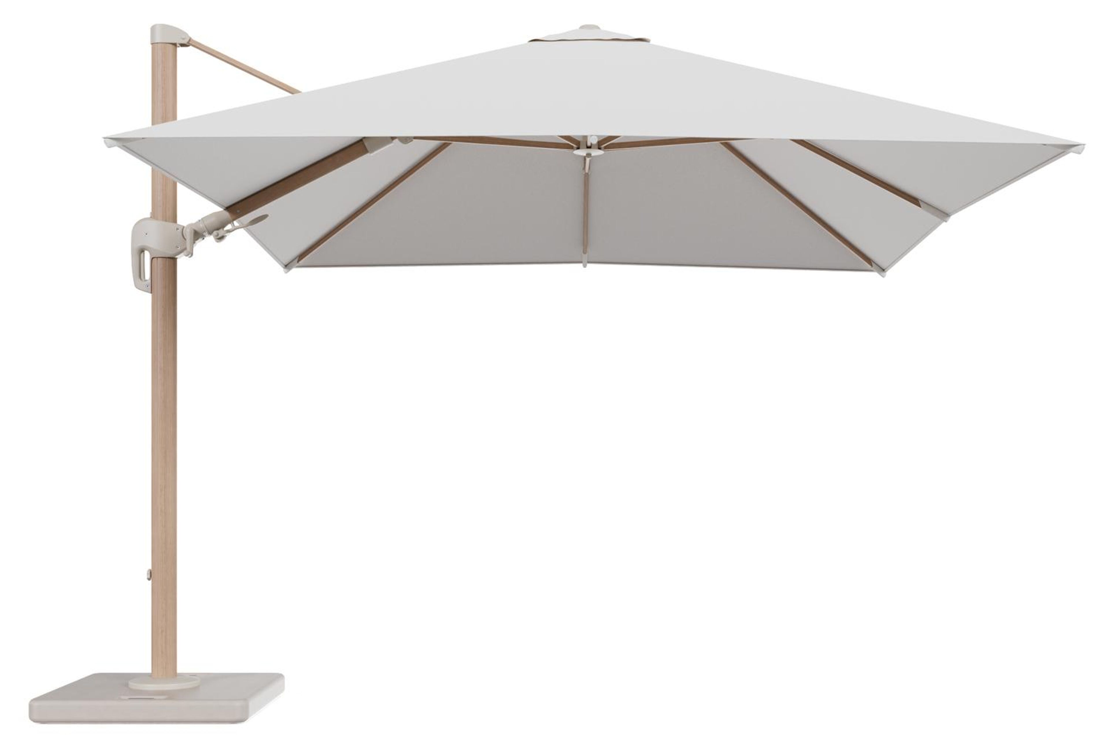 Rufina zweefparasol tiltfunctie in houtlook aluminium en parasoldoek in All Weather Solica Soul Optik - L1 300 x L2 300 cm met parasolvoet Lapido 120 kg