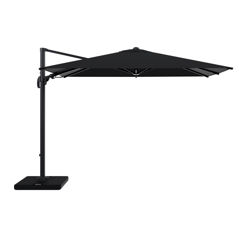 Avola zweefparasol met tiltfunctie in zwart aluminium met zwart all weather sunbrella® premium parasoldoek - L1 200 x L2 300 cm met parasolvoet Pedito 120 kg