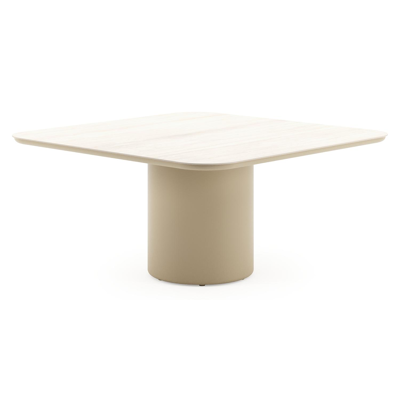 Amico tuintafel afgerond vierkant in beige aluminium en volkeramiek Travertino Bianco - L 148 x B 148 x H 73.5 cm