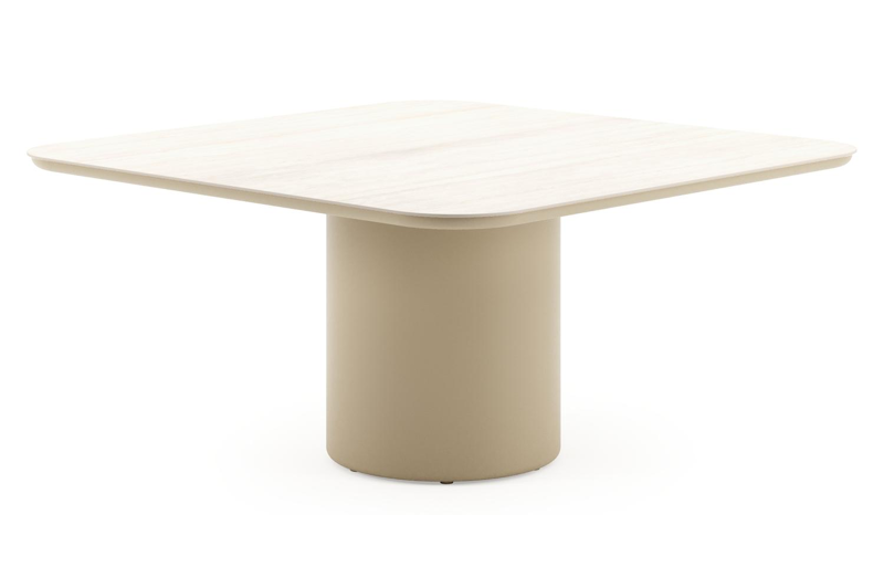 Amico tuintafel afgerond vierkant in beige aluminium en volkeramiek Travertino Bianco - L 148 x B 148 x H 73.5 cm