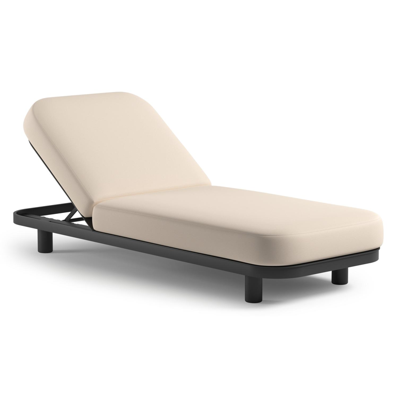 Chaise longue réglable Donato en aluminium noir et coussin en all weather Sunbrella® luxe natte linen chalk