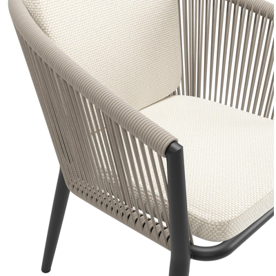 Orso tuinstoel in zwart aluminium en beige verticaal geweven ronde rope met zitkussen in All Weather Cosytica Althea Off White