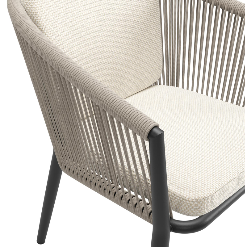 Orso tuinstoel in zwart aluminium en beige verticaal geweven ronde rope met zitkussen in All Weather Cosytica Althea Off White