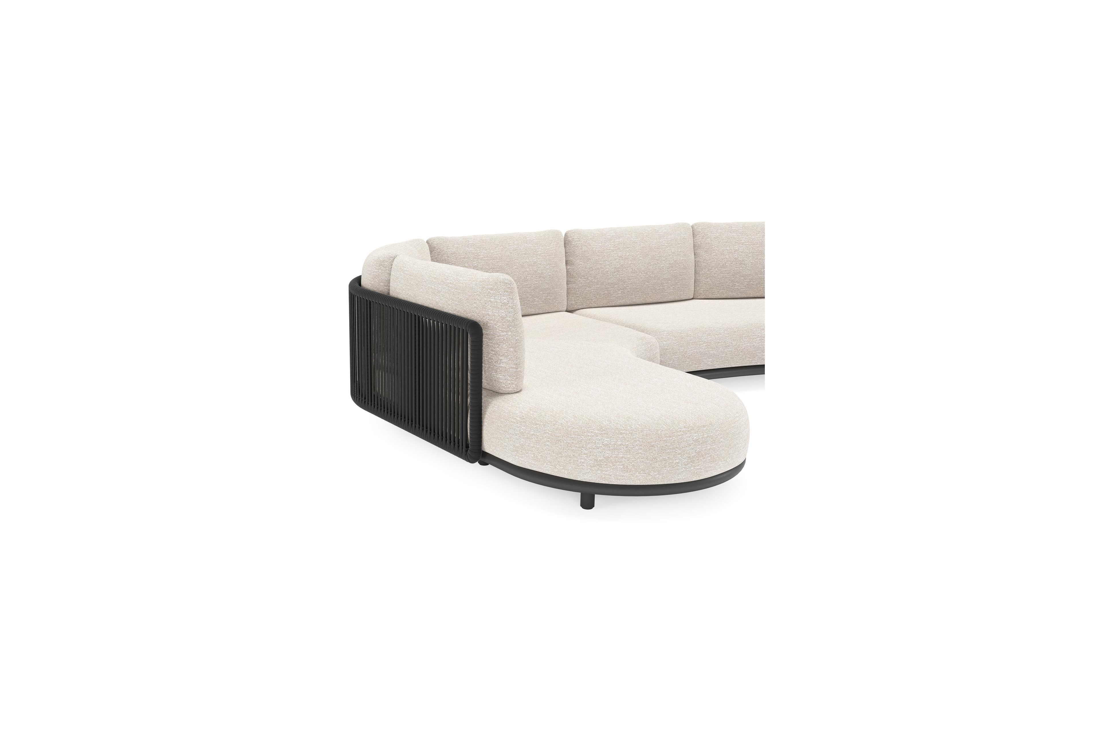 Salon de jardin d'angle Lomano en aluminium noir et corde luxe plate tissée verticalement noir et coussins en all weather sunbrella® luxe tundra sand