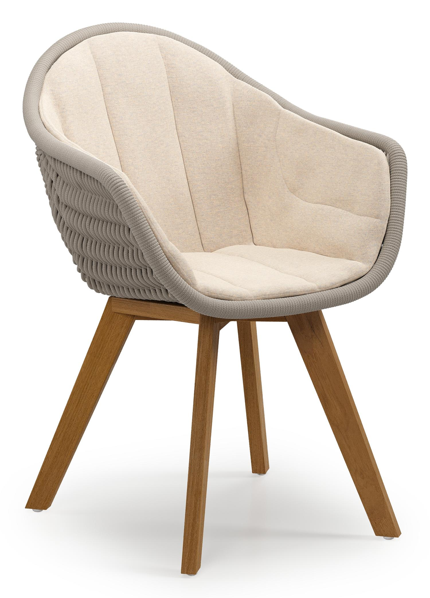 Chaise de jardin Pagino en teck et résine tressée ronde beige avec coussin en heritage papyrus all weather sunbrella® luxe