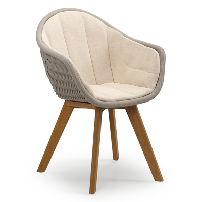 Chaise de jardin Pagino en teck et résine tressée ronde beige avec coussin en heritage papyrus all weather sunbrella® luxe