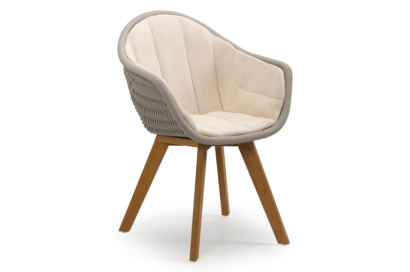 Pagino tuinstoel in teak en beige ronde wicker met kussen in heritage papyrus all weather sunbrella® luxe