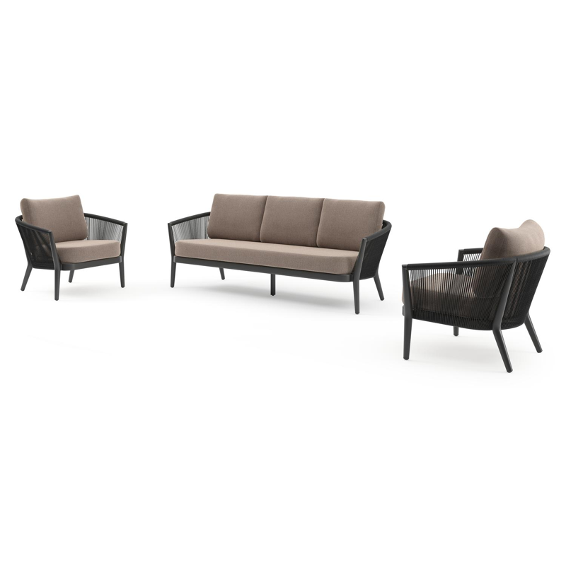 Orso loungeset in zwart aluminium en zwart verticaal geweven ronde rope met Savane Earth all weather sunbrella® luxe kussen