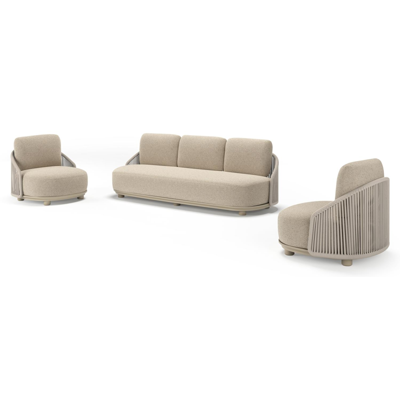 Vadelo loungeset in beige aluminium en beige verticaal geweven ronde rope met bora desert all weather cosytica kussen