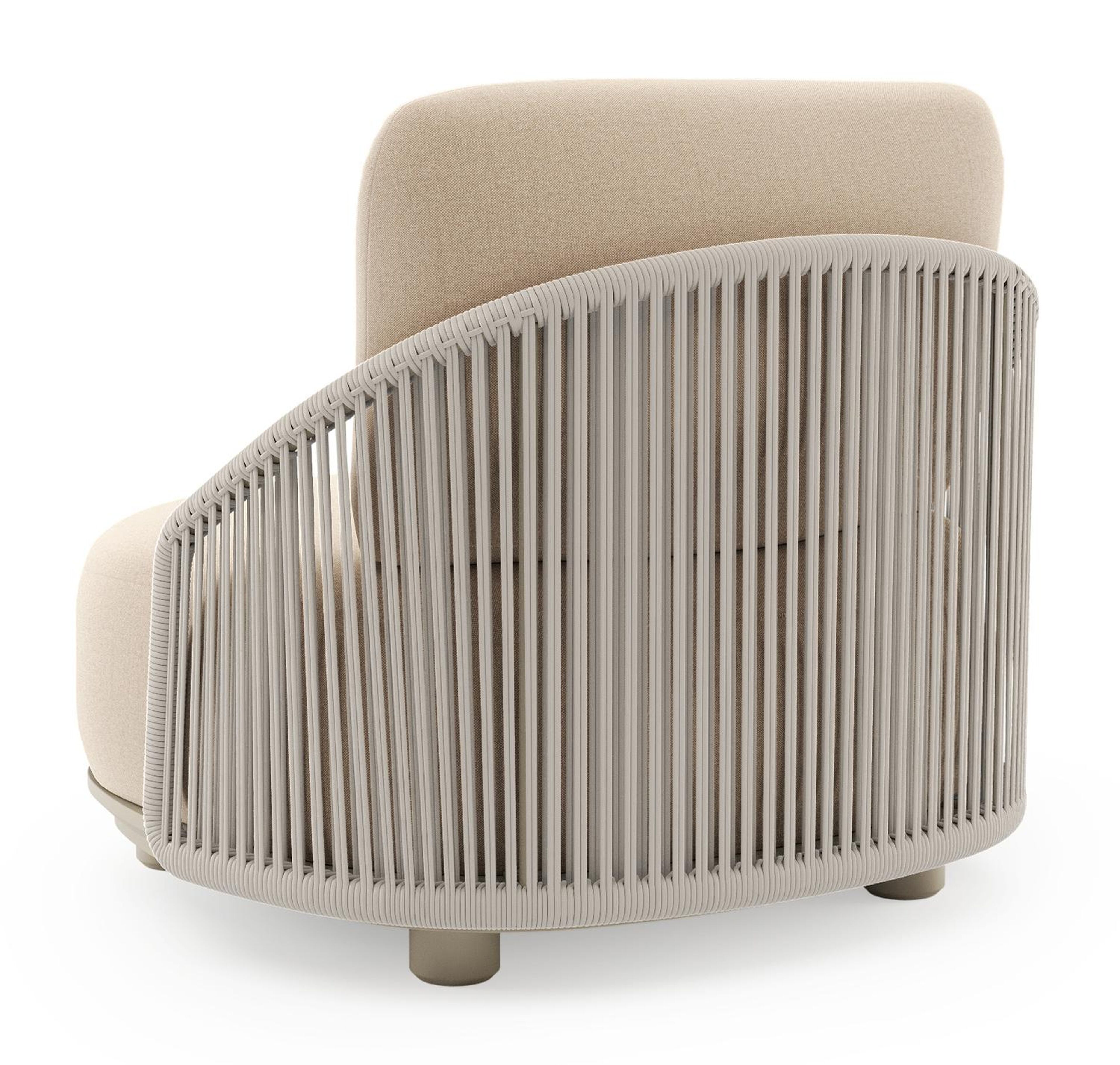 Vadelo loungestoel in beige aluminium en beige verticaal geweven ronde rope met natte heather beige all weather sunbrella® luxe kussen