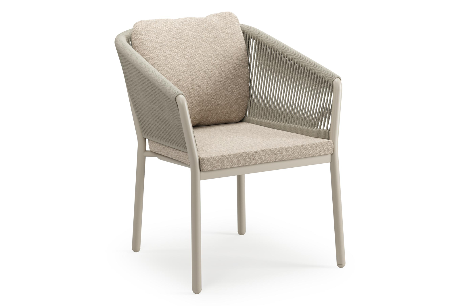 Gerona tuinstoel in beige aluminium en beige verticaal geweven ronde rope met kussen in Rustic Weather+ Softtouch