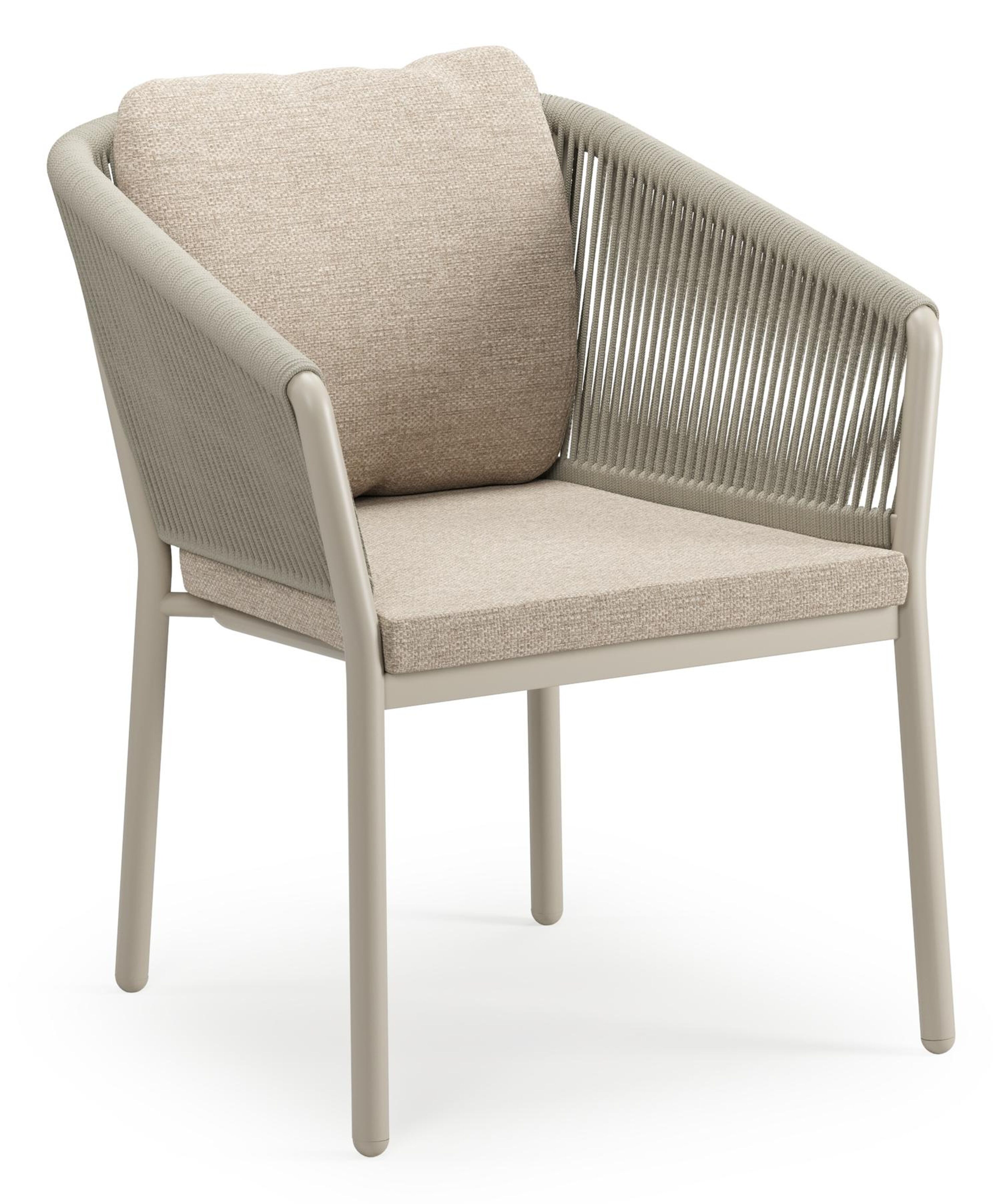 Gerona stapelbare tuinstoel in beige aluminium en beige verticaal geweven ronde rope met kussen in Rustic Weather+ Softtouch