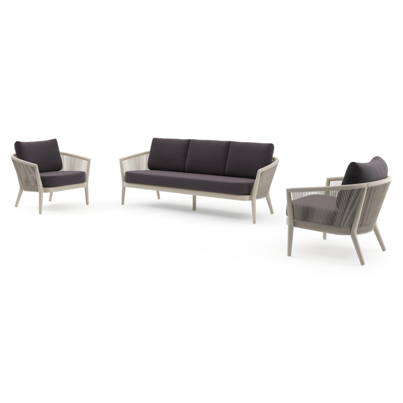Orso loungeset in beige aluminium en beige verticaal geweven ronde rope met Tundra Red all weather sunbrella® luxe kussen