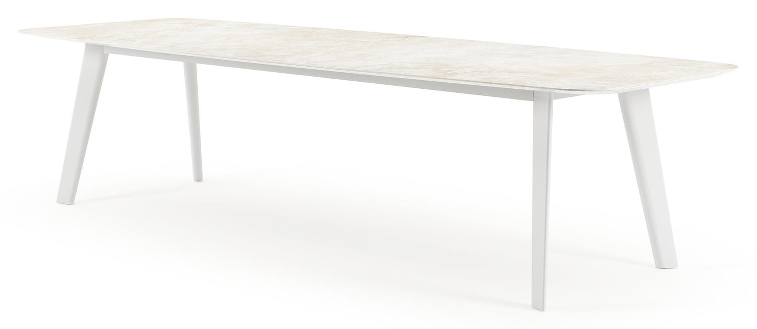 Table de jardin Lacirma forme bateau en aluminium blanc et céramique pleine Rapolano Lg. 315 x Lrg. 115 cm