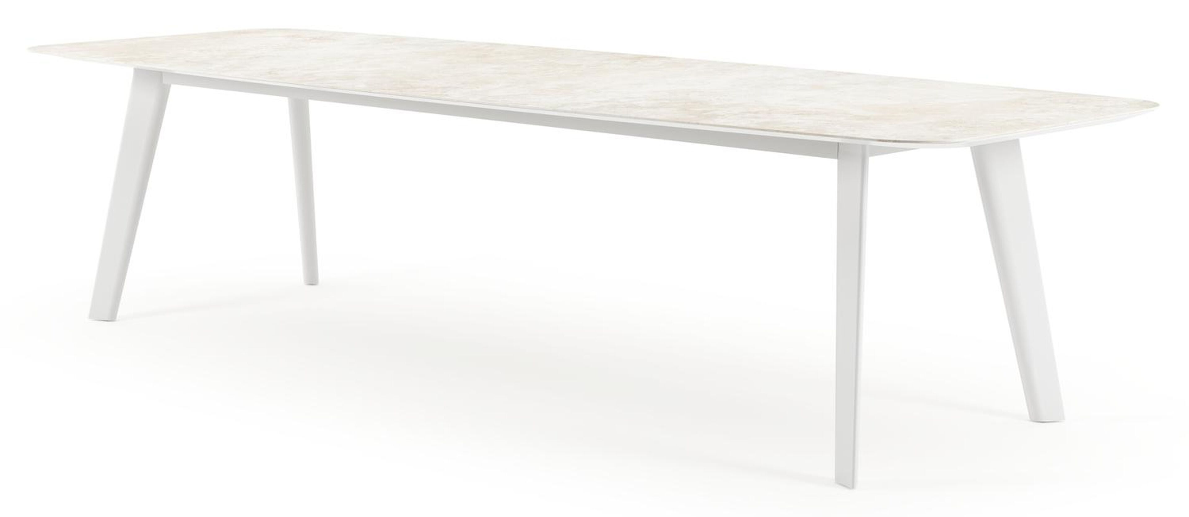 Table de jardin Lacirma forme bateau en aluminium blanc et céramique pleine Rapolano Lg. 315 x Lrg. 115 cm
