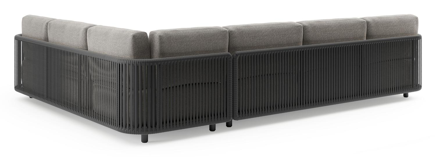 Organo loungehoek in zwart aluminium en zwart verticaal geweven luxe vlakke rope met chartres drizzle all weather Sunbrella® luxe kussen