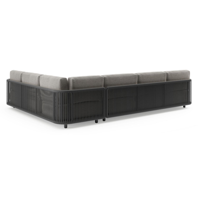 Organo loungehoek in zwart aluminium en zwart verticaal geweven luxe vlakke rope met chartres drizzle all weather Sunbrella® luxe kussen