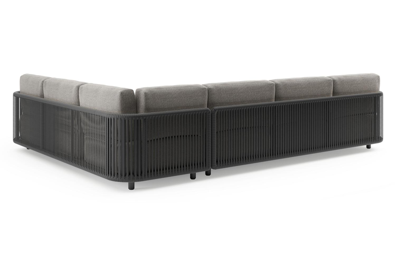 Organo loungehoek in zwart aluminium en zwart verticaal geweven luxe vlakke rope met chartres drizzle all weather Sunbrella® luxe kussen