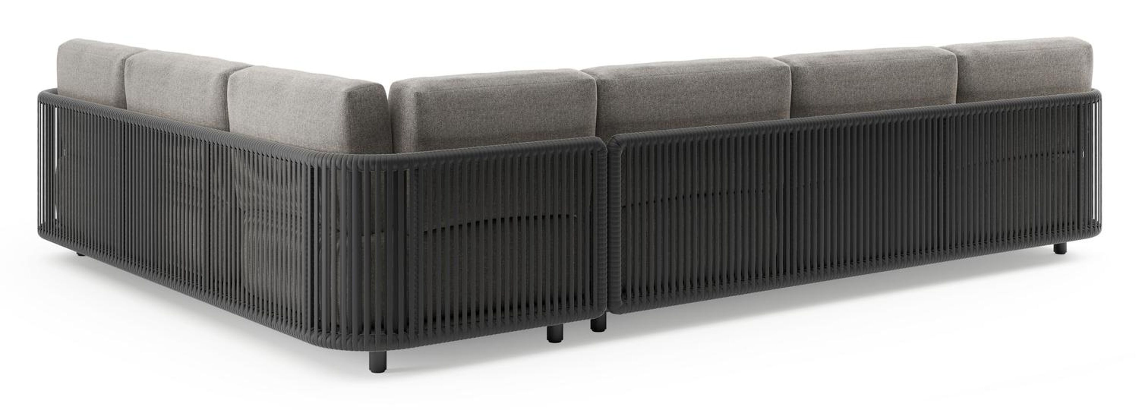 Organo loungehoek in zwart aluminium en zwart verticaal geweven luxe vlakke rope met chartres drizzle all weather Sunbrella® luxe kussen