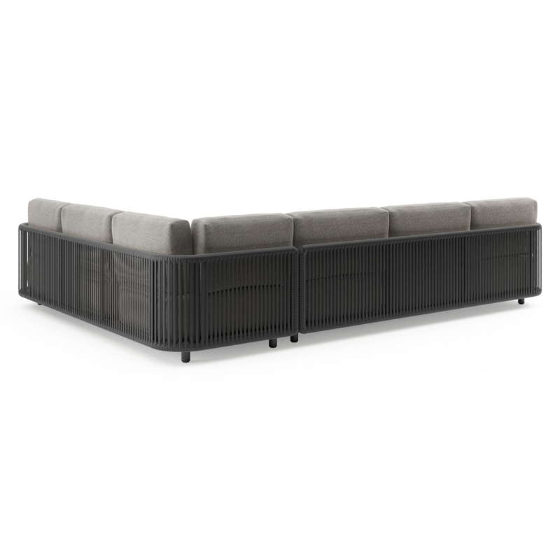 Salon de jardin d'angle Organo en aluminium noir et corde luxe plate tissée verticalement noir et coussin en all weather Sunbrella® luxe chartres drizzle