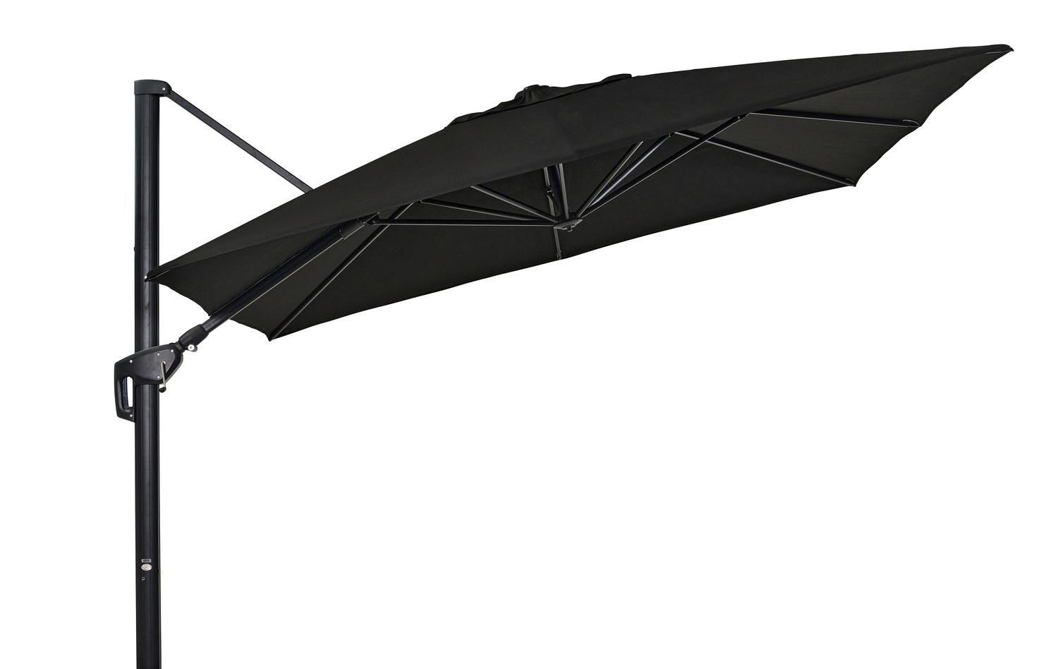Minore zweefparasol met tiltfunctie in zwart aluminium met zwart sunbrella® premium parasoldoek - L1 350 x L2 350 cm (zonder voet)