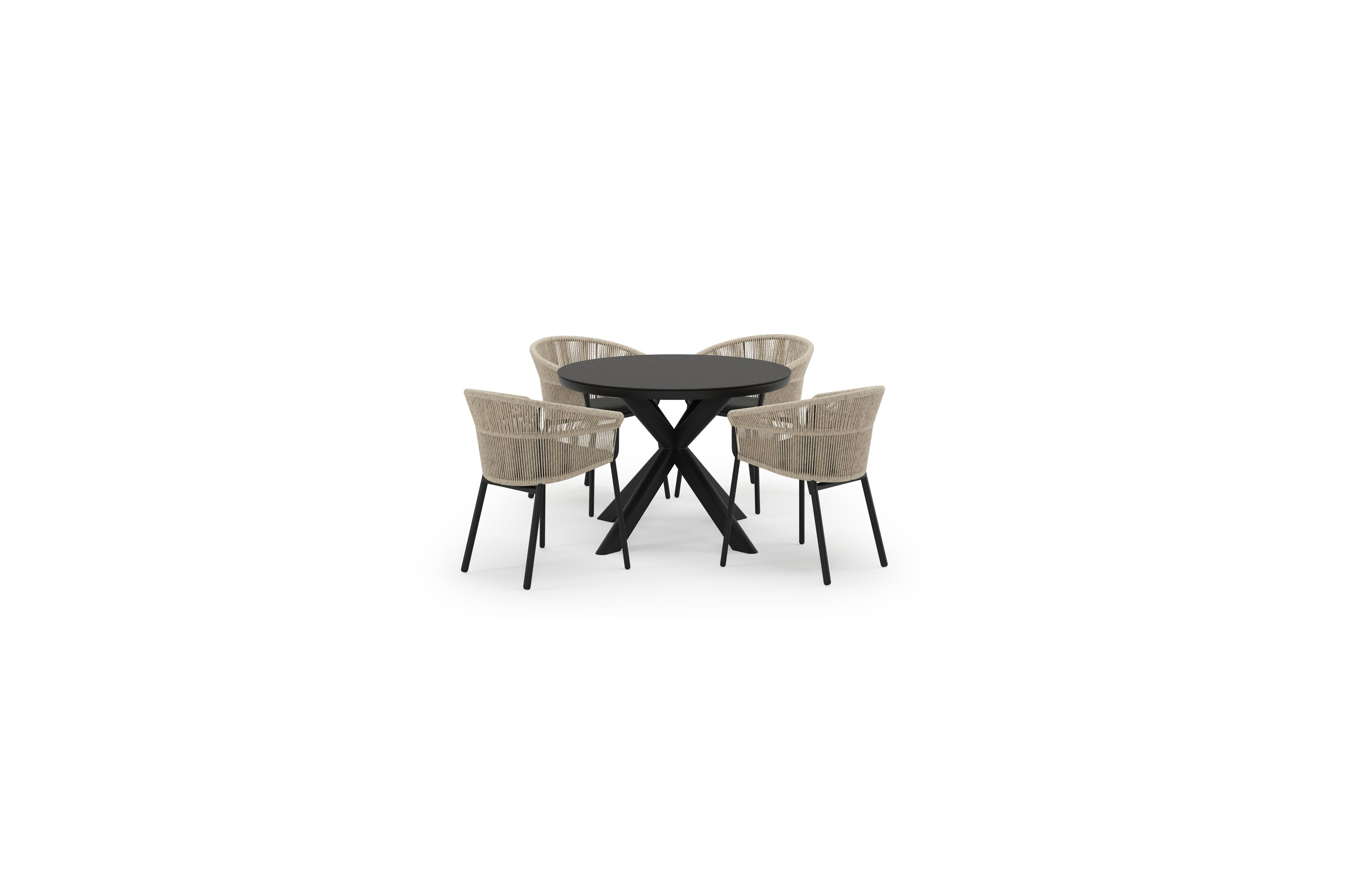 Pamplona ronde tuinset in zwart aluminium en sintered stone notte minerale met 4 Matera tuinstoelen