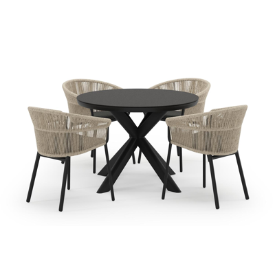 Pamplona ensemble de jardin ronde en aluminium noir en sintered stone notte minerale avec 4 chaises de jardin Matera