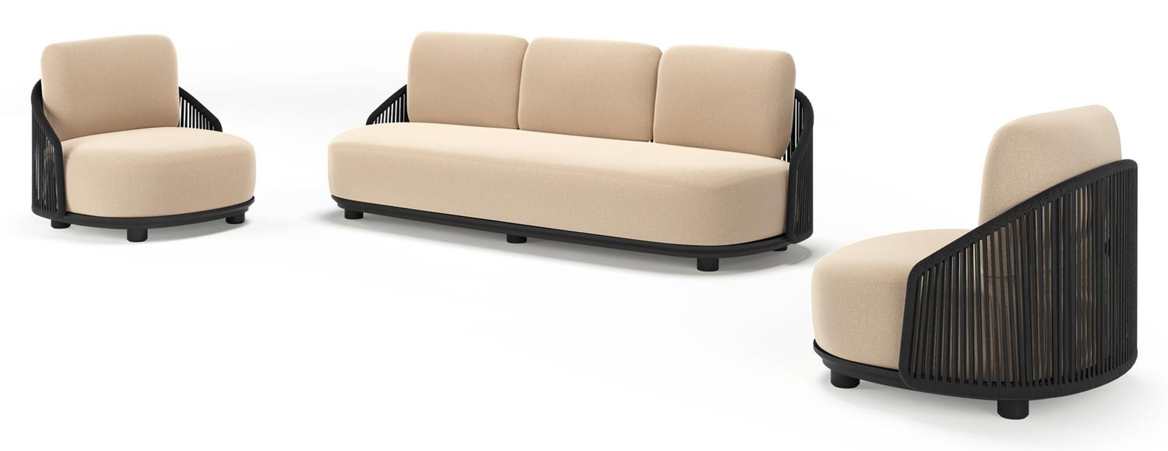 Vadelo loungeset in zwart aluminium en zwart verticaal geweven ronde rope met natte heather beige all weather sunbrella® luxe kussen