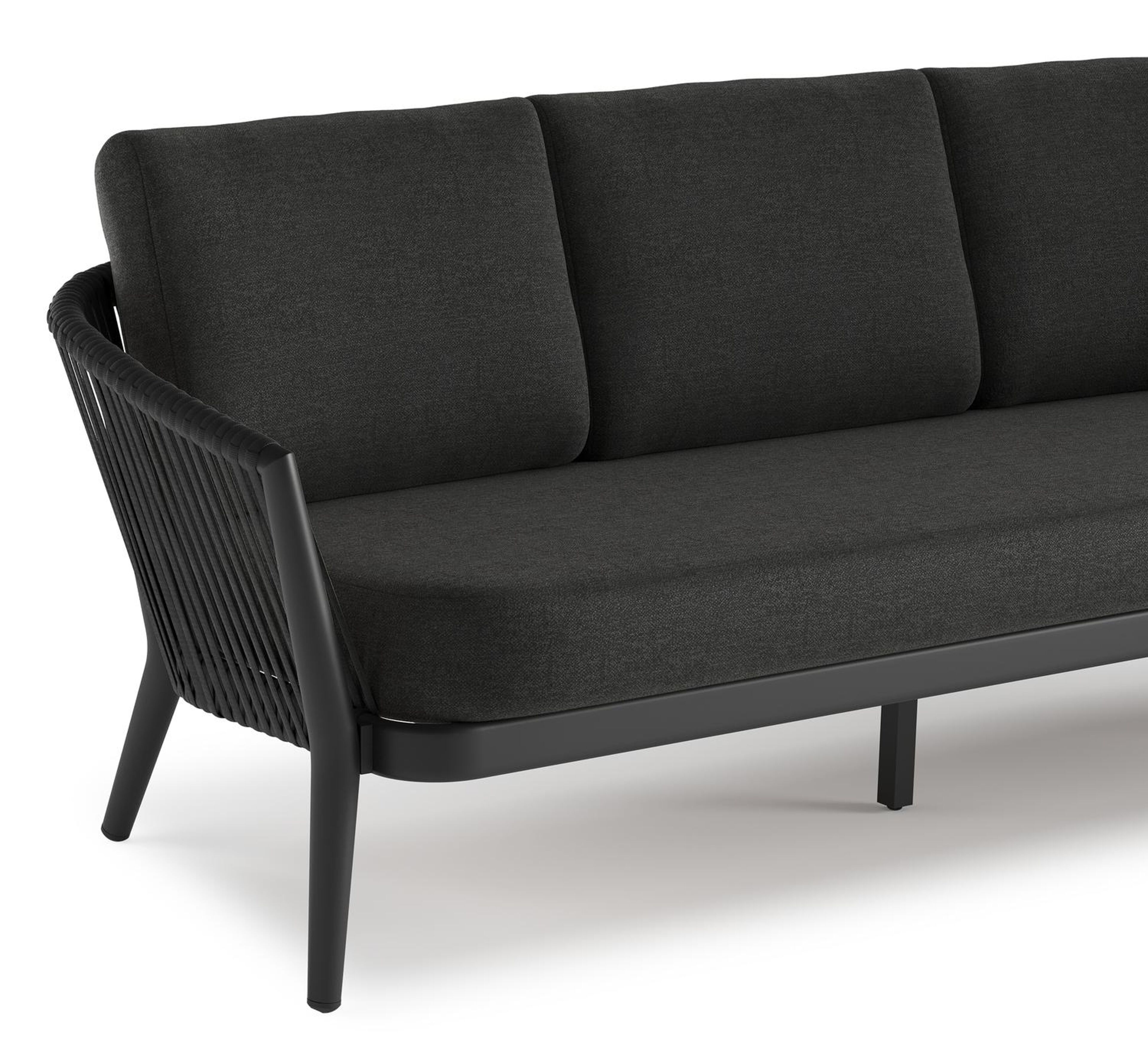 Salon de jardin Orso en aluminium noir en corde luxe plate tissée verticalement noir et coussins en all weather sunbrella® luxe Chartres Sooty