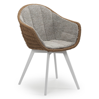 Pagino tuinstoel in wit aluminium en bruin ronde wicker met zitkussen in All Weather Sunbrella® Luxe Tundra Pepper