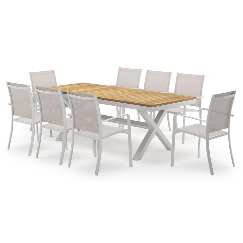 Reza ensemble de jardin rectangulaire en aluminium blanc en teck natural finish avec 8 chaises de jardin Calobra