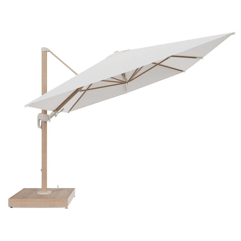 Rufina zweefparasol met tiltfunctie in houtlook aluminium en Natte White All Weather Sunbrella® Luxe parasoldoek - L1 400 x L2 300 cm met parasolvoet Minore 260 kg met wielen