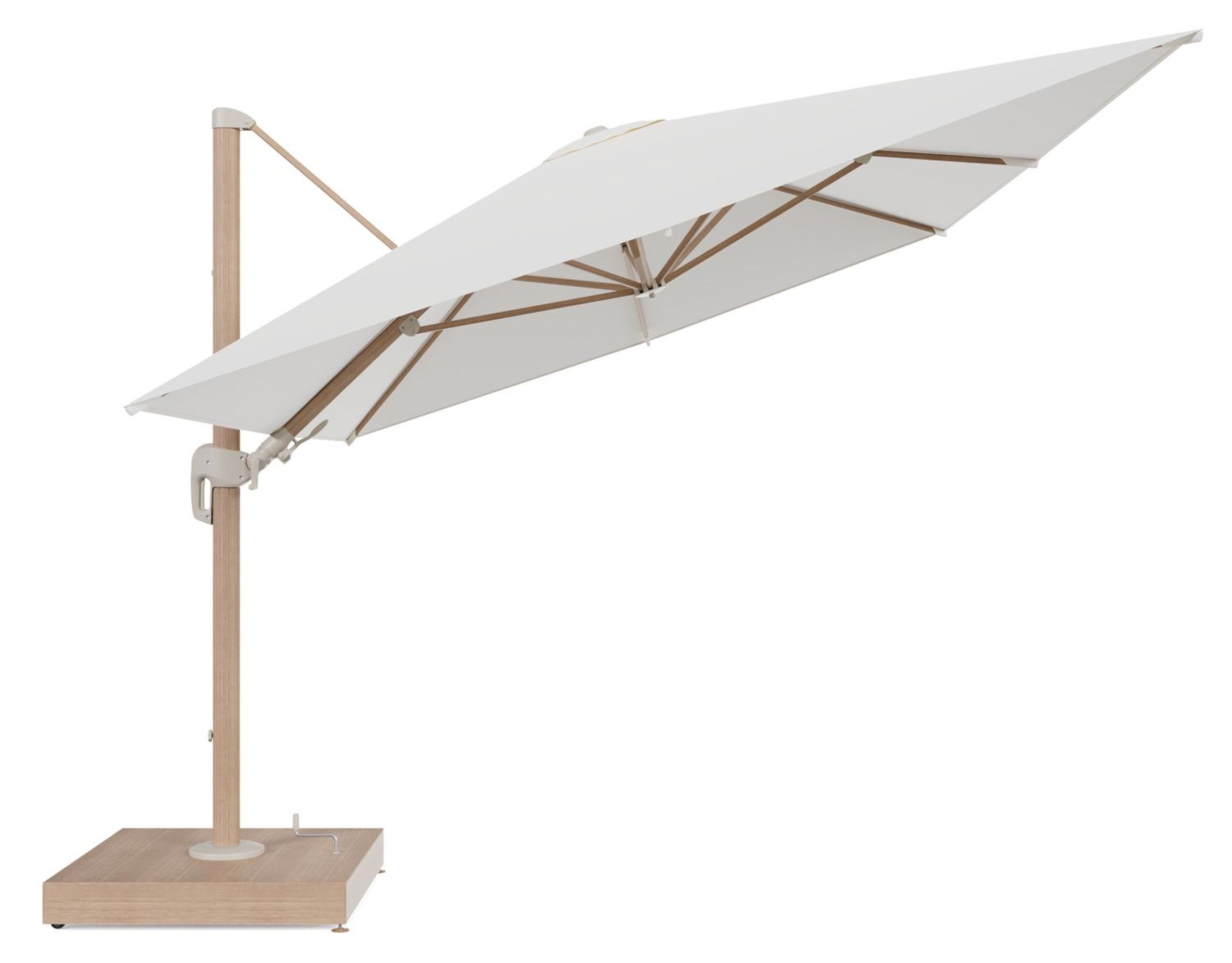 Rufina zweefparasol met tiltfunctie in houtlook aluminium en Natte White All Weather Sunbrella® Luxe parasoldoek - L1 400 x L2 300 cm met parasolvoet Minore 260 kg met wielen