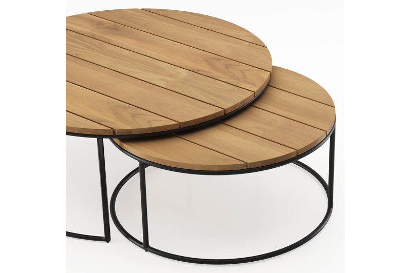 Tables basses Fano en noir aluminium et teck - Diam. 85/65 x Haut. 35/30 cm
