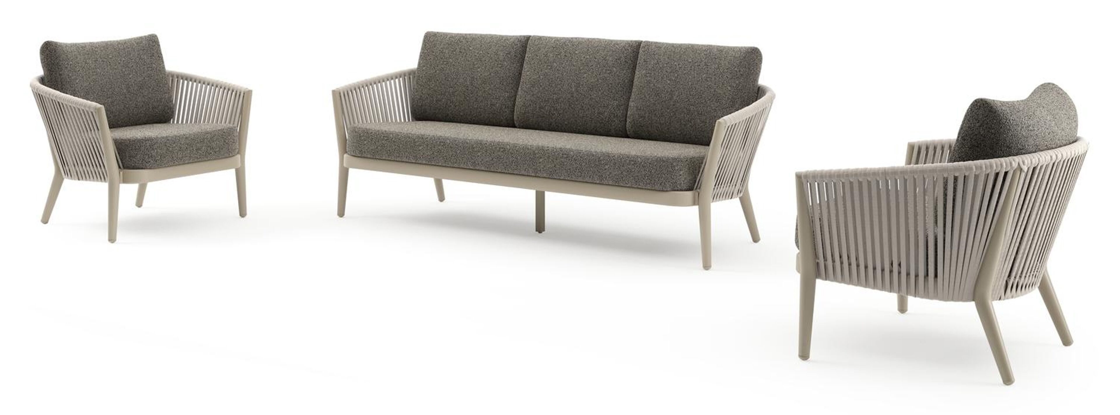 Salon de jardin Orso en aluminium beige en corde luxe plate tissée verticalement beige et coussins en all weather cosytica Marbella Tunder