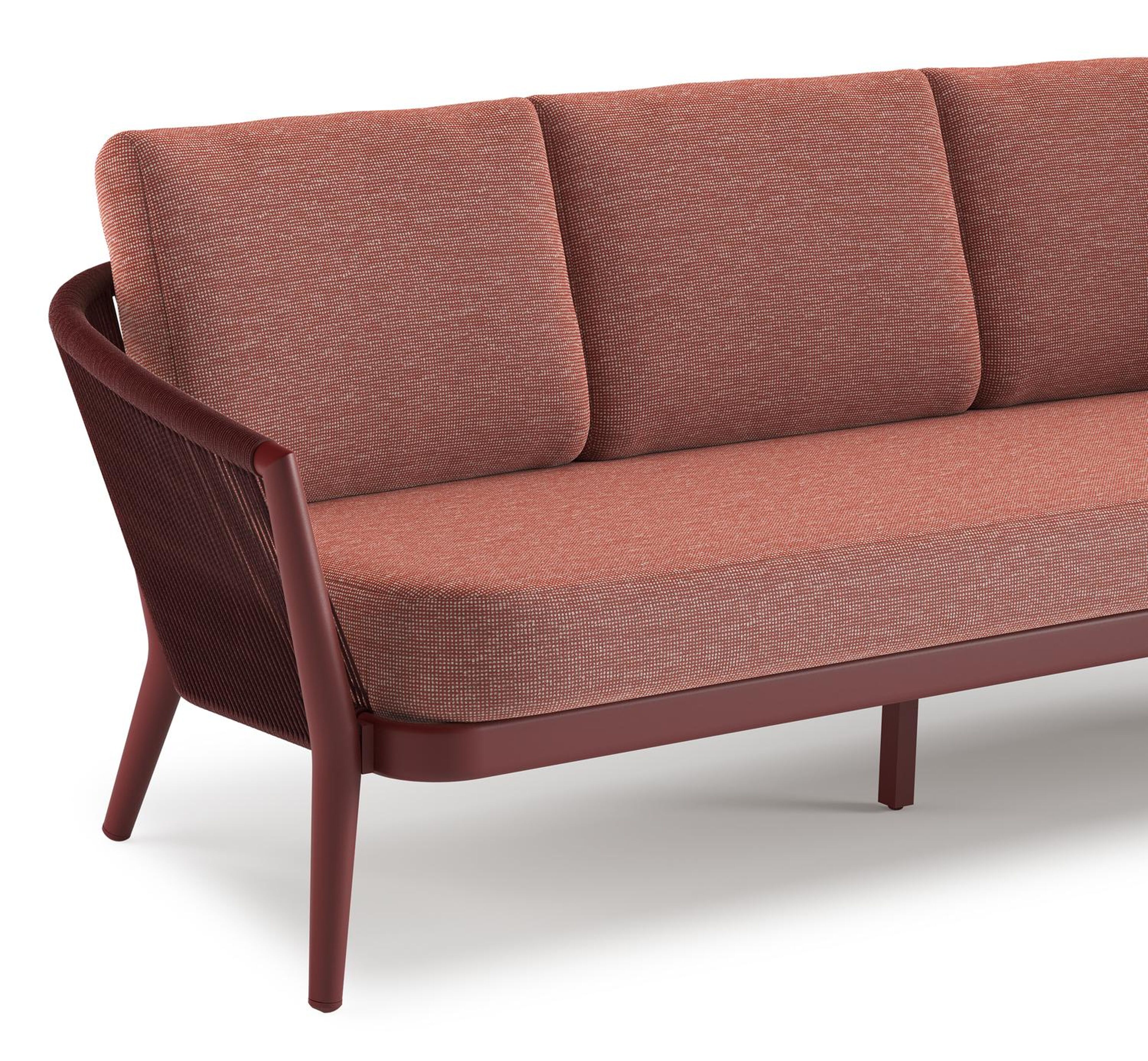 Salon de jardin Orso en aluminium ruby en corde ronde tissée verticalement ruby et coussins en all weather sunbrella® luxe Slow Alezan