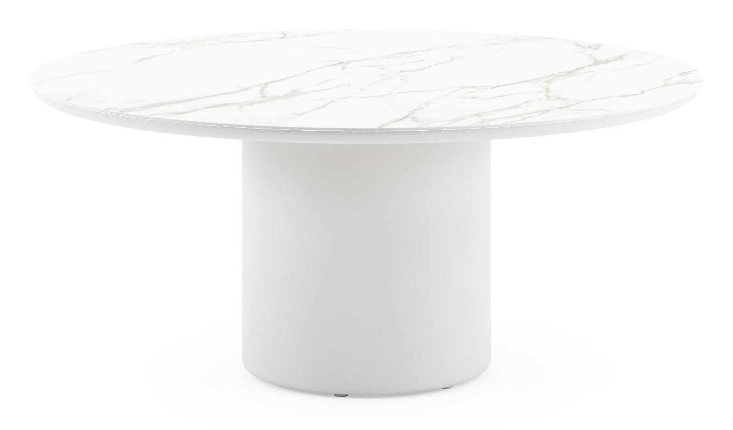Amico low dining tuintafel rond in wit aluminium en volkeramiek Calacatta - Dia. 148 x H 61 cm