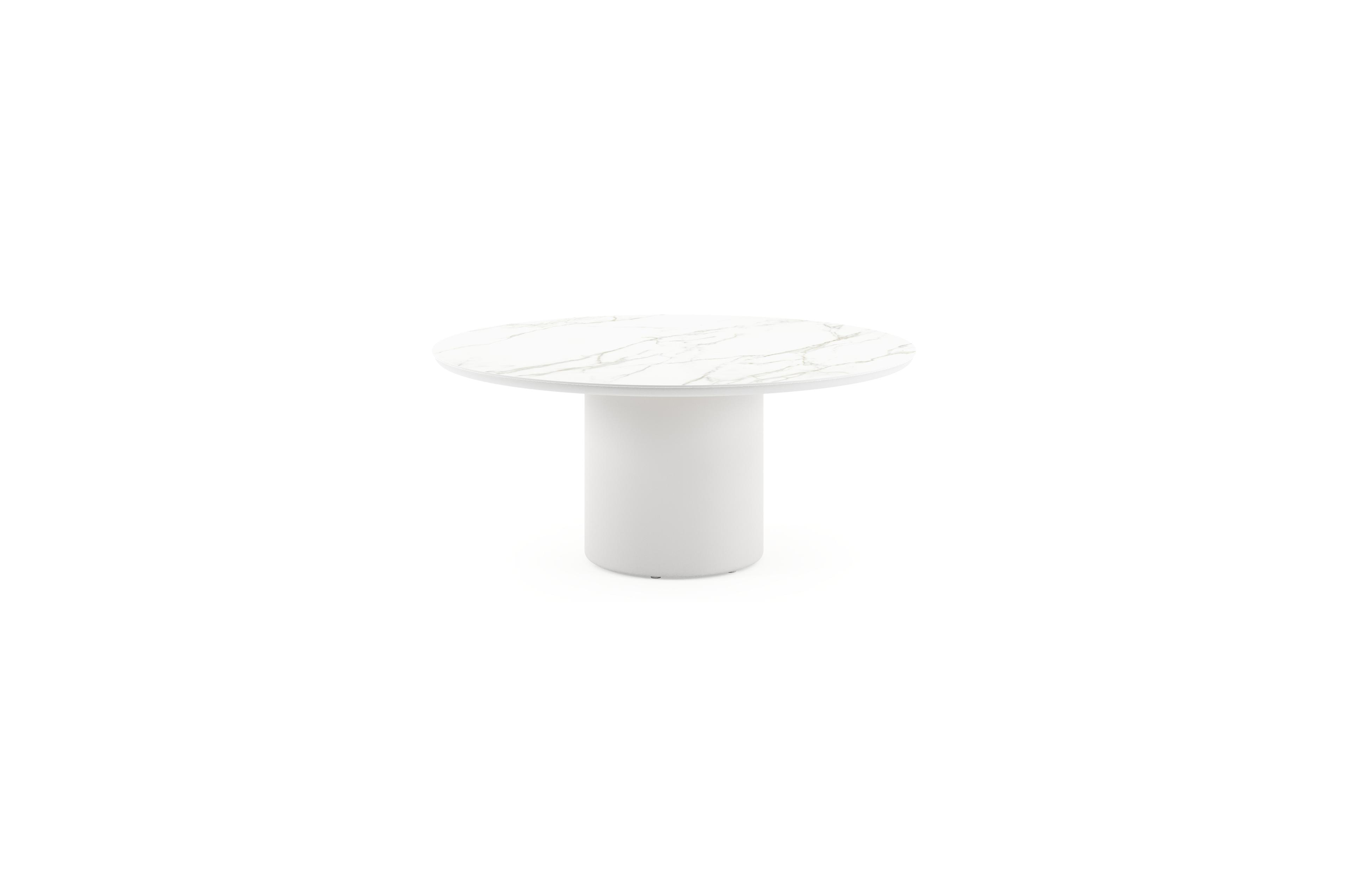 Table de jardin low dining Amico rond en aluminium blanc et céramique pleine Calacatta - Diam. 148 x Haut. 61 cm