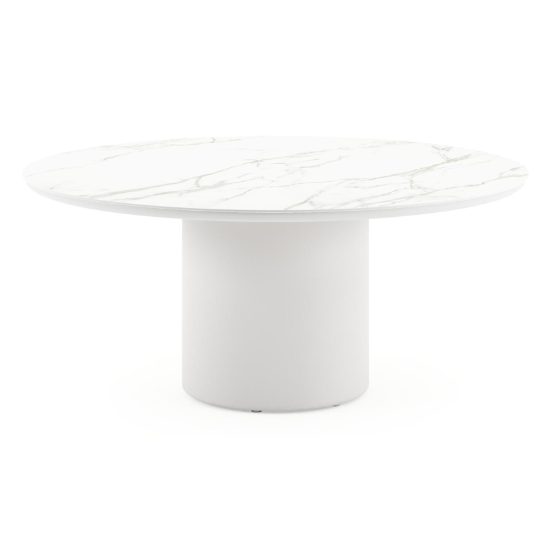 Amico low dining tuintafel rond in wit aluminium en volkeramiek Calacatta - Dia. 148 x H 61 cm