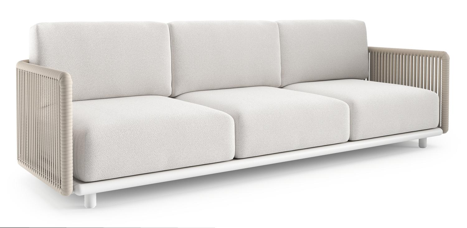 Canapé de jardin Organo en aluminium blanc et corde luxe plate tissée verticalement beige et coussin en all weather Solica soul optik