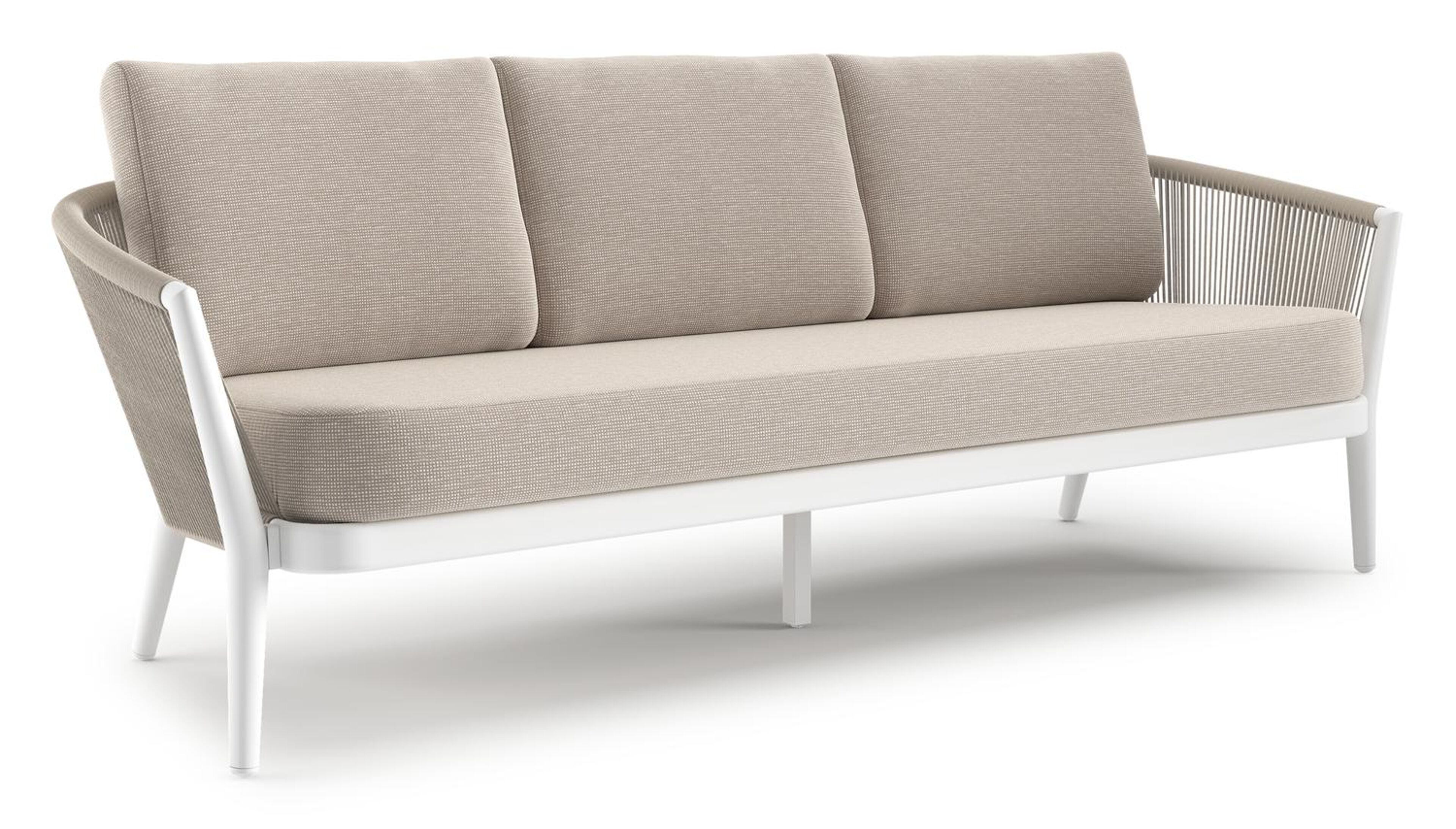 Canapé de jardin Orso en aluminium blanc en corde ronde tissée verticalement beige et coussins en all weather sunbrella® luxe Slow Farafra