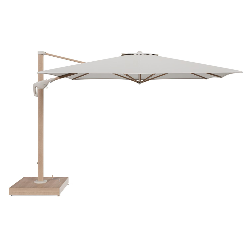 Minore zweefparasol met tiltfunctie in houtlook aluminium en Lopi Marble All Weather Sunbrella® Luxe parasoldoek - L1: 350 x L2: 350 cm met parasolvoet Minore 260 kg met wielen
