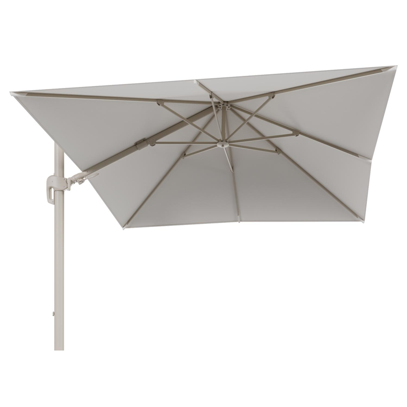 Rufina zweefparasol tiltfunctie in beige aluminium en parasoldoek in All Weather Sunbrella® Luxe Savane White - L1 300 x L2 300 cm (zonder voet)